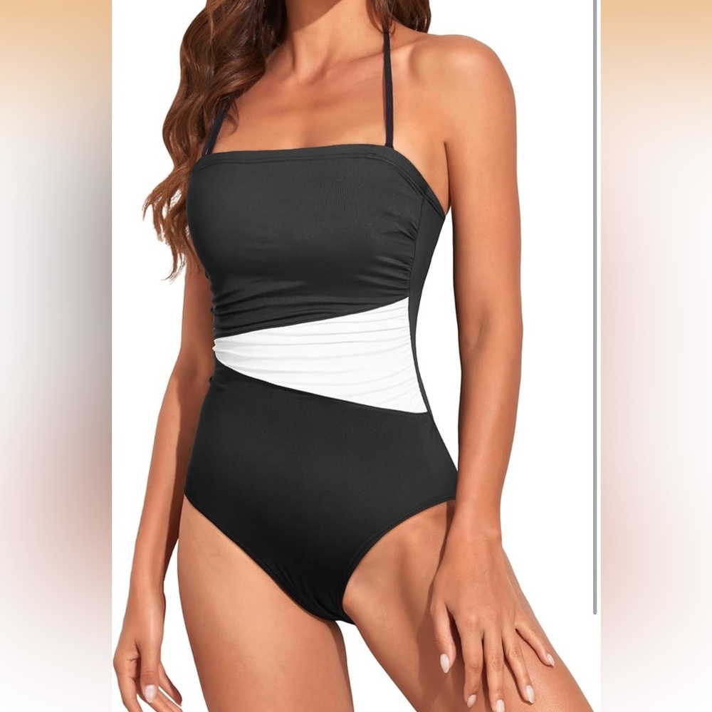 Holipick Black and White Strapless One-Piece tummy control Swimsuit L/ 0249 - Picture 3 of 3